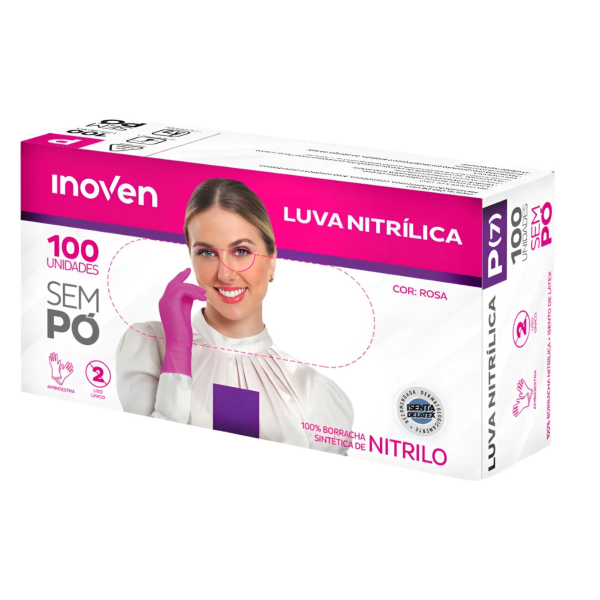 Luva Nitrílica Sem Pó Rosa Tamanho M Inoven 100un