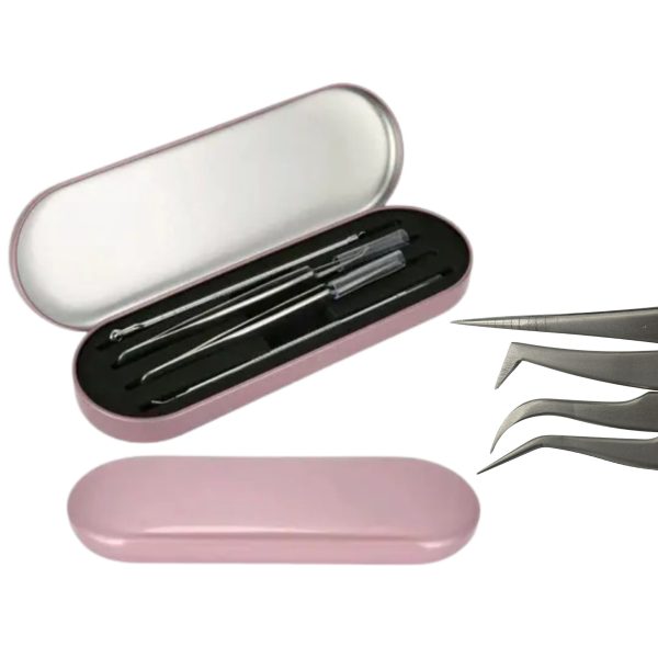Kit de Pinça com 4 Pinças Para Extensão de Cílios + Estojo Para Guardar