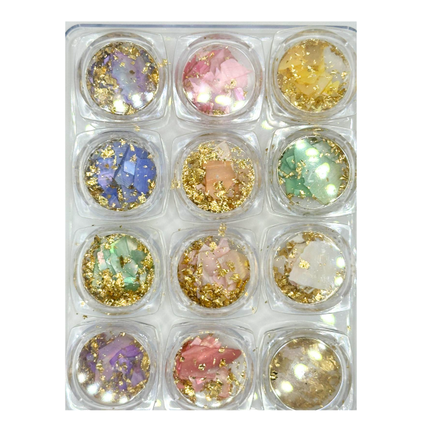 Kit 12 Cores De Madre Perola E folha De Ouro Fan Nails
