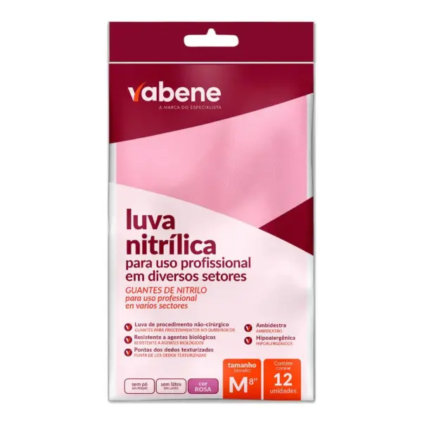 Pacote 12 unidades Luva Nitrílica Industrial Sem Pó - Vabene - M Rosa