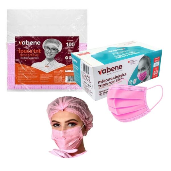 Kit EPI Touca TNT Descartável Rosa 100un + Máscara Cirúrgica Tripla Rosa 50un