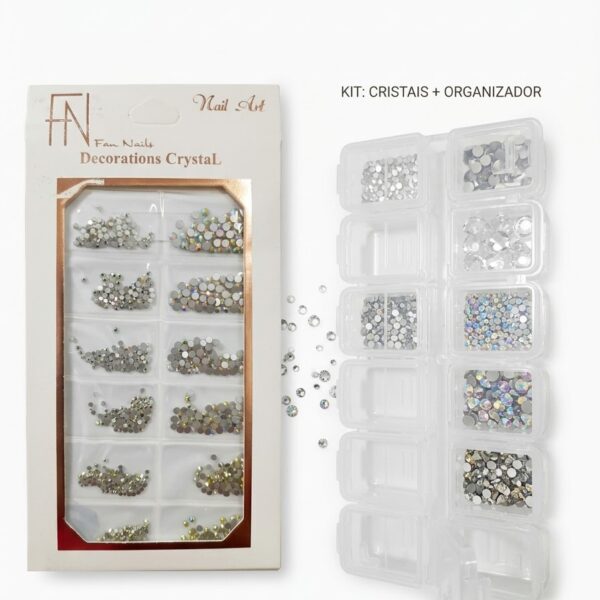 Kit Cartela Pedraria Strass Furta-Cor Fan Nails + Caixinha Organizadora 12 Divisórias