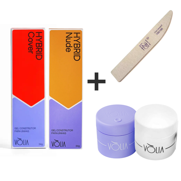 Kit Misto Refil em Gel Hybrid Cover + Hybrid Nude Vòlia 34g - GANHE 1 LIXA FACA FAN NAILS E 1 POTE ECO