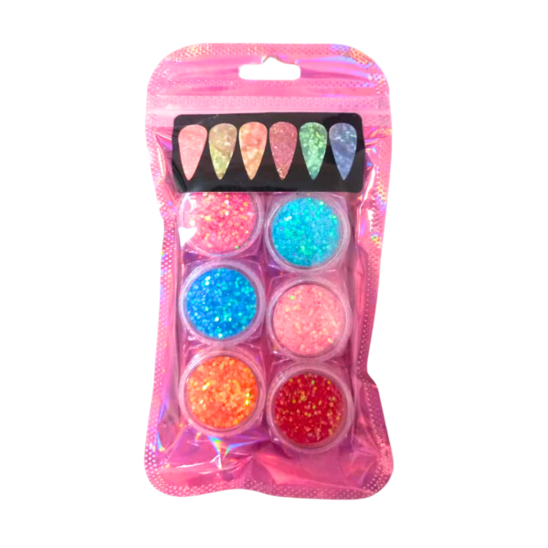 Kit Decoração Glitter Flocado Colorido para Nail Art 6un