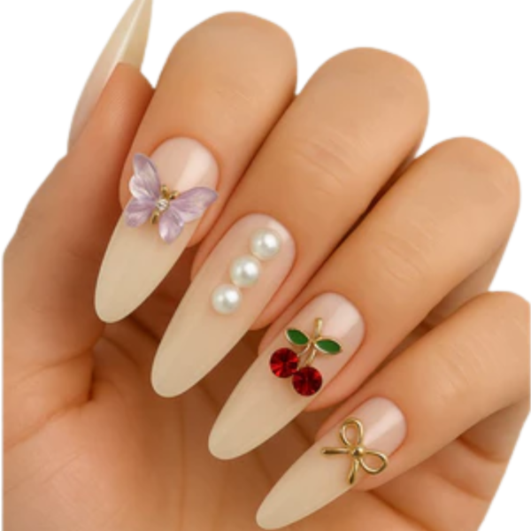 Decoração de Unha Laço, Borboleta, Cereja e Flor Dafu